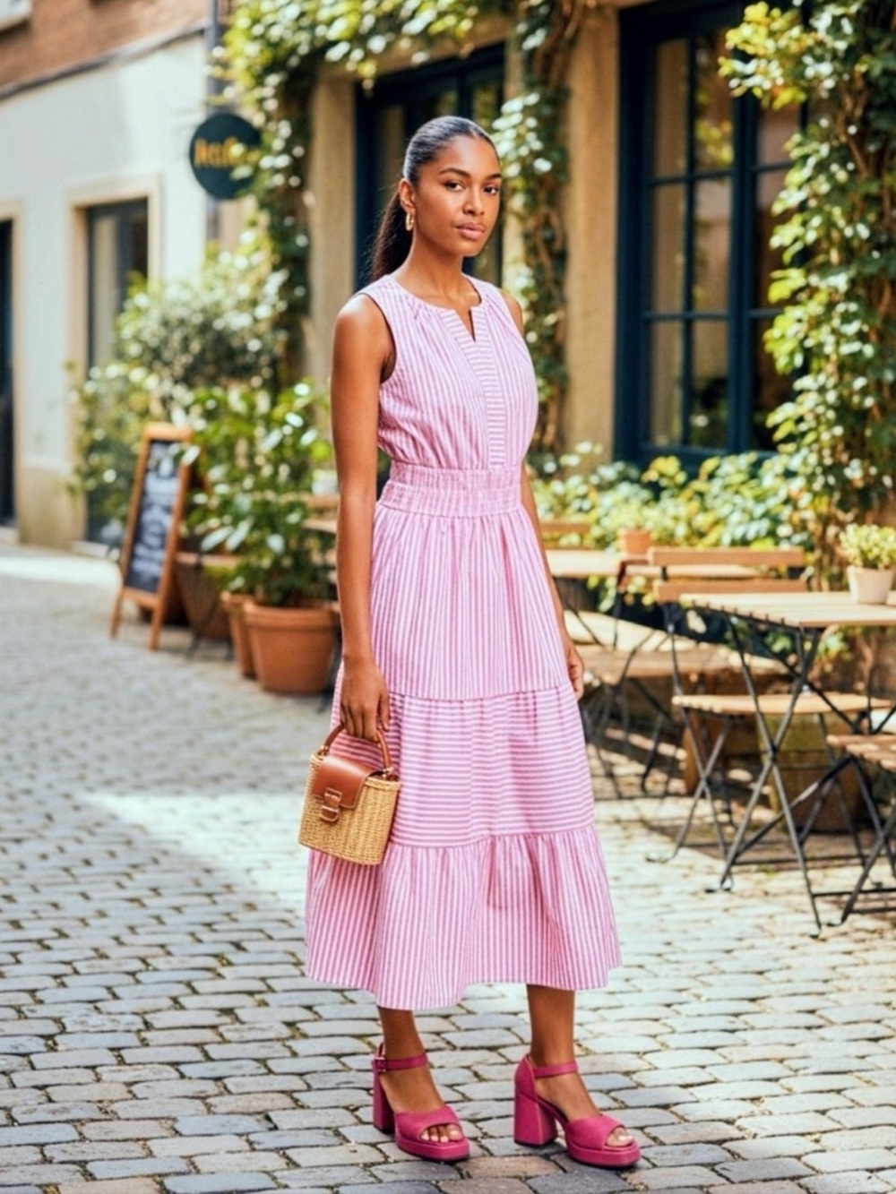 Draper James Pink & White Striped Sleeveless Tiered Dress